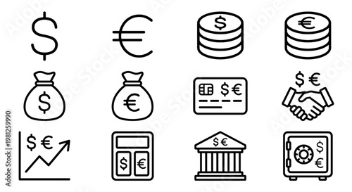 Business finance dollar and euro icons outline set with currency exchange banking money minimal style isolated background concept of forex trading