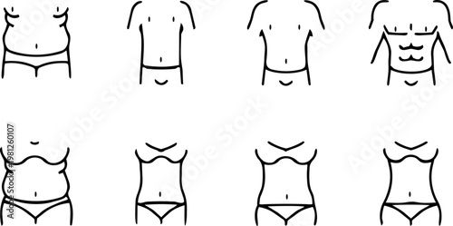 Body transformation icons showing the progression from overweight to fit for men and women. isolated on transparent background, isolated on white background, Vector, illustration