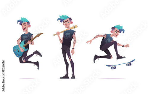 Cartoon style collection of three poses of a young punk man with blue hair. Rocker jumping with guitar, standing with bat, and skateboarding on isolated background