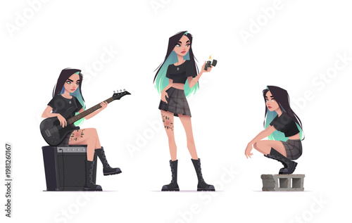 Cartoon style collection of three poses of an alt girl with green hair. Playing bass guitar on amp, holding lighter, and sitting on a concrete block. Isolated background