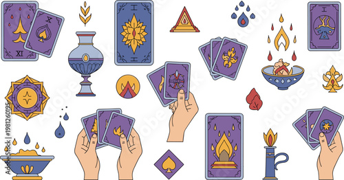 Professional Mysticism and Tarot Cards Vector Set Featuring Fortune Telling Elements Spiritual Symbols Esoteric Hands and Magic Ritual Icons Isolated on White Background
