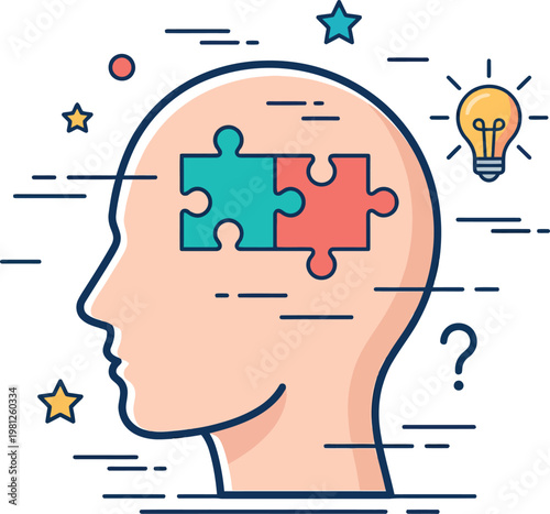 Puzzle brain teaser vector illustration, human head silhouette with missing jigsaw puzzle piece symbolizing problem solving critical thinking creativity and cognition concept design