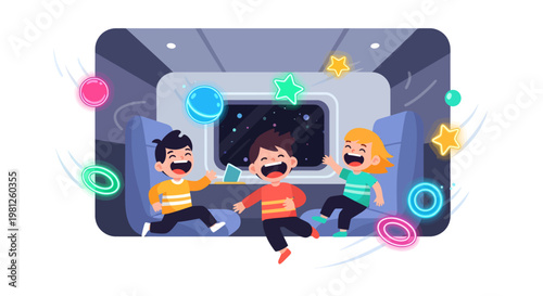kids playing on train with colorful bubbles and stars