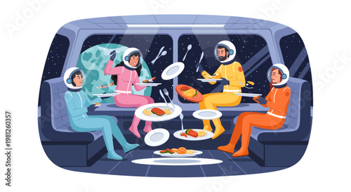 People eating on a futuristic train with space suits on