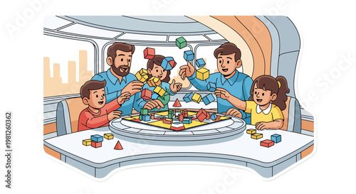 family playing with colorful blocks on a table together