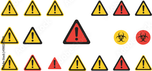 Professional Warning Signs and Hazard Symbols Vector Set Featuring Diverse Caution Indicators Triangle Exclamation Marks and Biohazard Icons Isolated on White Background