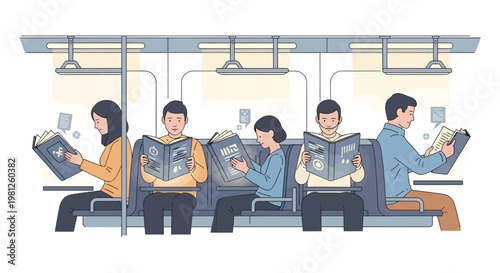 Commuters reading on a train, people traveling with books