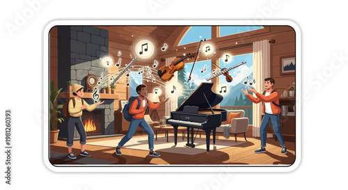 Musicians playing instruments in a cozy living room with fireplace