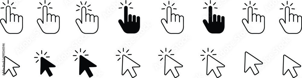 Fototapeta premium Arrow and Hand Pointer Cursor Icon Set Featuring Mouse Click Symbols, Digital Interface Navigation Elements, UI UX Design Collection, Editable Vector Illustration Isolated on Transparent Background