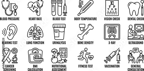 Health screening and medical checkup line art icon set