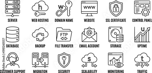 Web hosting and cloud computing server line art icon set