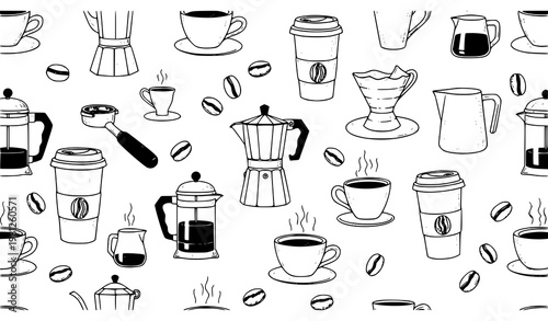 Coffee Doodle Seamless Pattern Hand Drawn Monochrome Cafe Vector