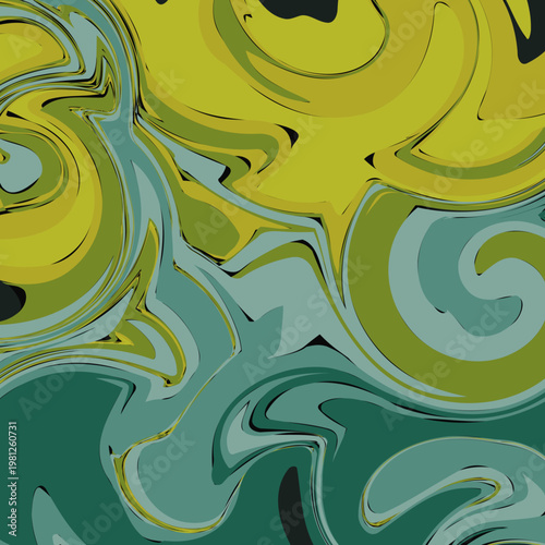 Modern Green and Gold Fluid Art Texture with Dynamic Organic Swirls
