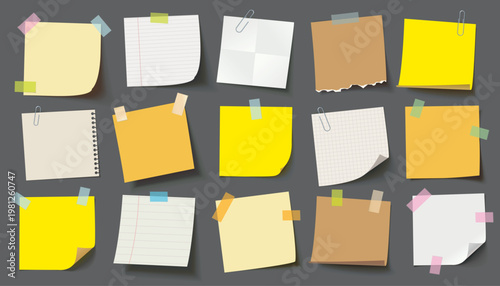 Collection of realistic sticky notes and paper sheets with tape, clips, and curled corners. Yellow, beige, and white memo papers isolated on dark background. Office reminder notes set