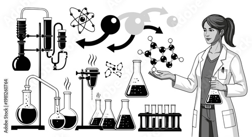Female scientist and molecular models. Chemistry. Design for STEM educational materials, chemical research lab posters, or science conference presentations. Transparent SVG version.
