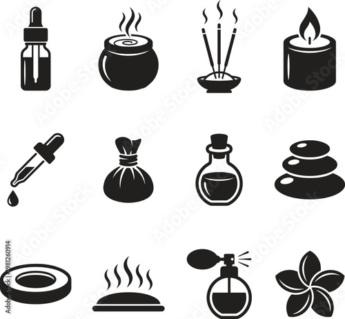 Spa and aromatherapy icon set, black silhouette wellness symbols with essential oils candles incense diffuser and massage elements, vector illustration for beauty salon and relaxation branding