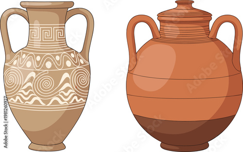 Ancient Clay Pottery Vase Set with Decorative Patterns and Traditional Ceramic Amphora Designs for Historical Art, Cultural Illustration, and Craft Heritage Graphics