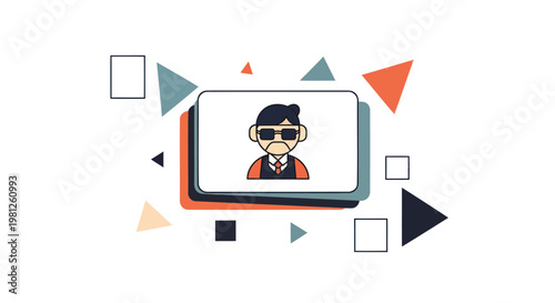 Cartoon man in sunglasses and face mask on a screen with colorful geometric shapes around