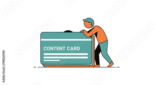 Man pushing large content card with text and lines on white background