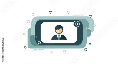 Businessman on video call with geometric shapes and icons around smartphone screen interface