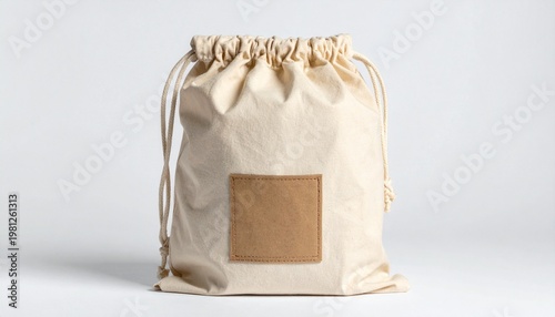 Beige Fabric Drawstring Bag with Blank Label on Dark Table