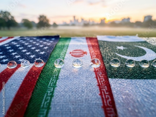 Extreme macro photography of USA Iran Pakistan flags with dew drops reflecting sunrise city skyline in peaceful morning
