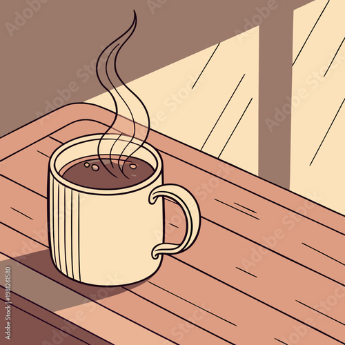 A steaming mug of coffee on a wooden table