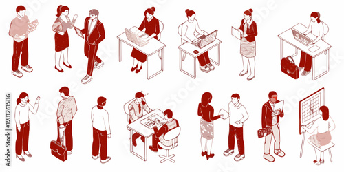 Isometric illustration depicting diverse people working and collaborating in an office