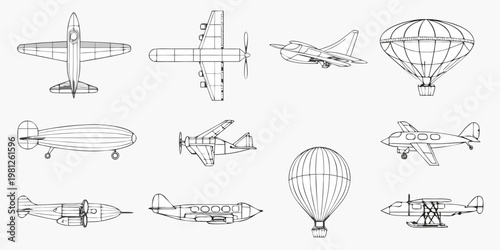 Variety of vintage airships and airplanes illustrated in black and white