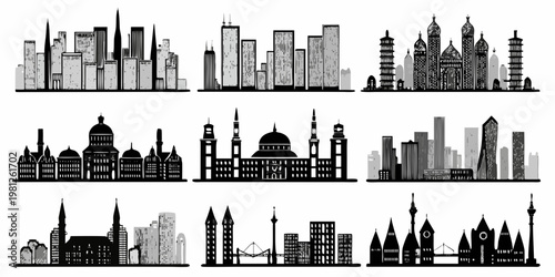 A collection of detailed black and white city skyline illustrations