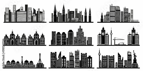 A collection of monochromatic cityscape illustrations showcasing diverse architectural styles
