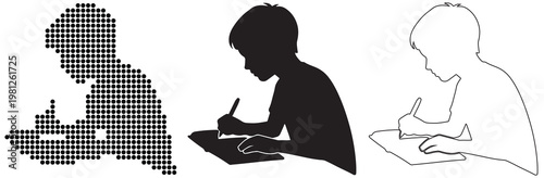 Focused child diligently writing or drawing at a desk, presented in three artistic styles