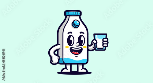 Cartoon milk bottle character holding glass of milk smiling isolated