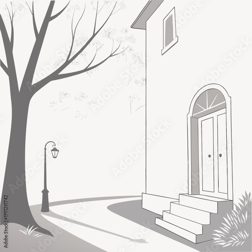 A house with a tree and a street light