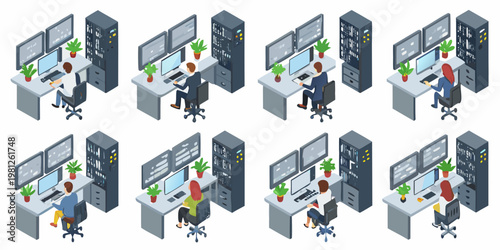 Isometric illustration of multiple people working at computer workstations