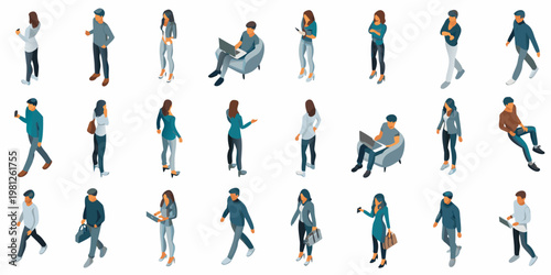 Isometric illustration of diverse people interacting with technology and each other