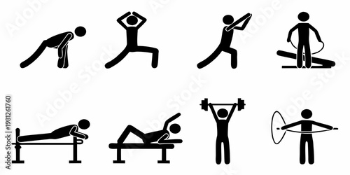 Stick figures illustrating various athletic exercises and fitness activities