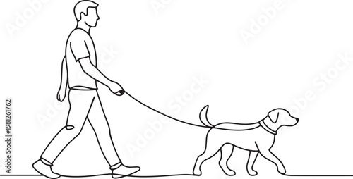 Man walking a dog on a leash simple line art illustration representing companionship and outdoor activity isolated on white background