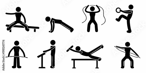 Stick figures demonstrating various gymnastic and fitness exercises