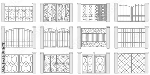 Collection of ornate wrought iron gate designs in black and white