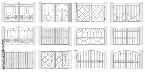 Collection of ornate wrought iron gate designs in a linear arrangement