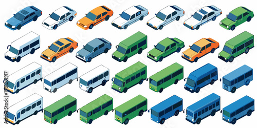 Isometric illustration depicting a collection of various vehicle types