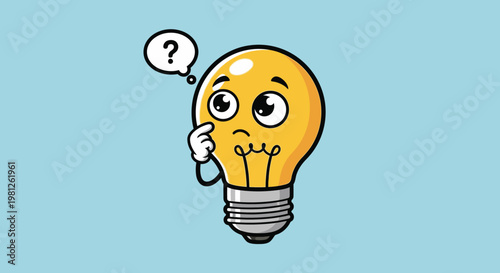 Cartoon lightbulb thinking with question mark idea concept innovation