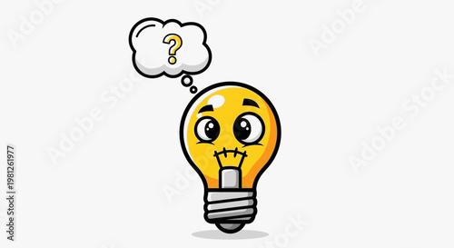 Cartoon lightbulb thinking with question mark thought bubble isolated