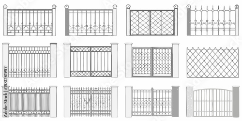 Various ornate wrought iron fence and gate designs in a grid layout