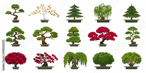 A collection of colorful potted trees in a cartoon style