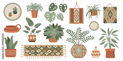 A collection of potted plants woven textiles and decorative home elements