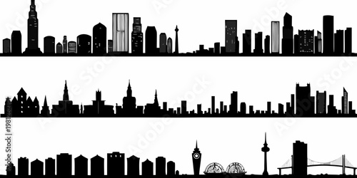 Silhouettes of famous city skylines arranged in horizontal rows