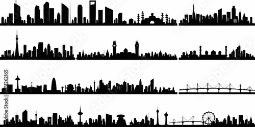 Silhouetted skylines of major international cities stacked vertically