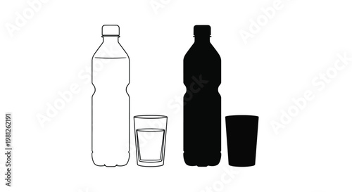 Water bottles and glasses depicted in contrasting styles a silhouette